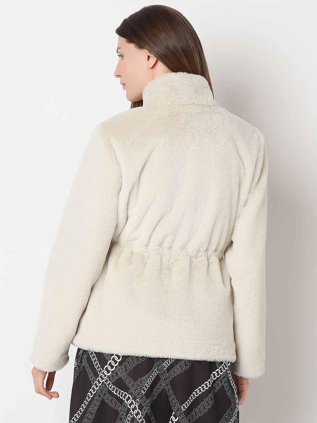 Beige High Neck Faux Fur Jacket