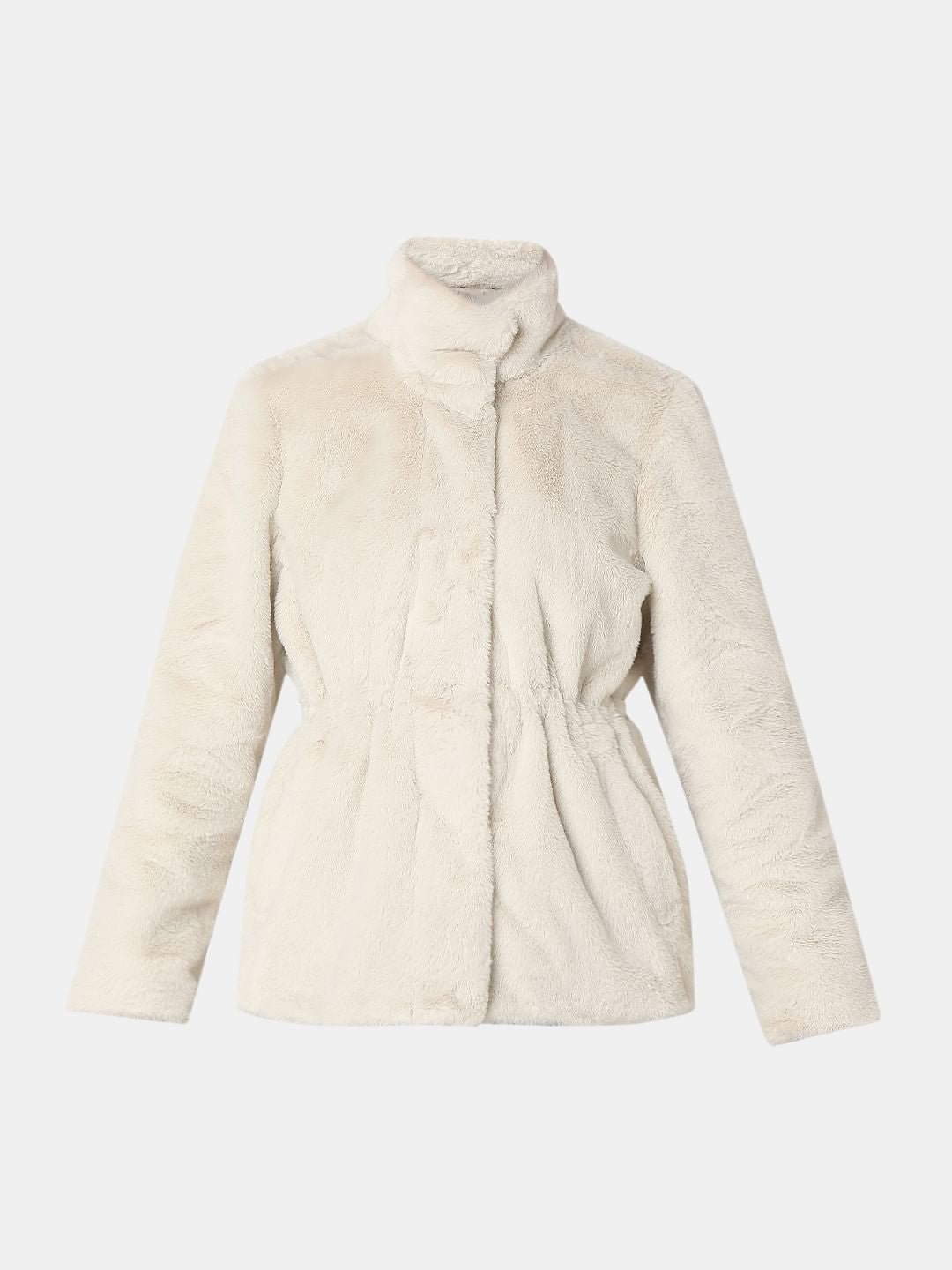 Beige High Neck Faux Fur Jacket