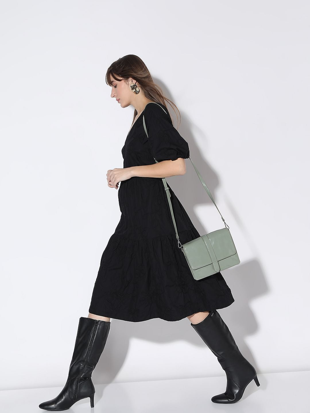 Black Tiered Cotton Fit & Flare Dress