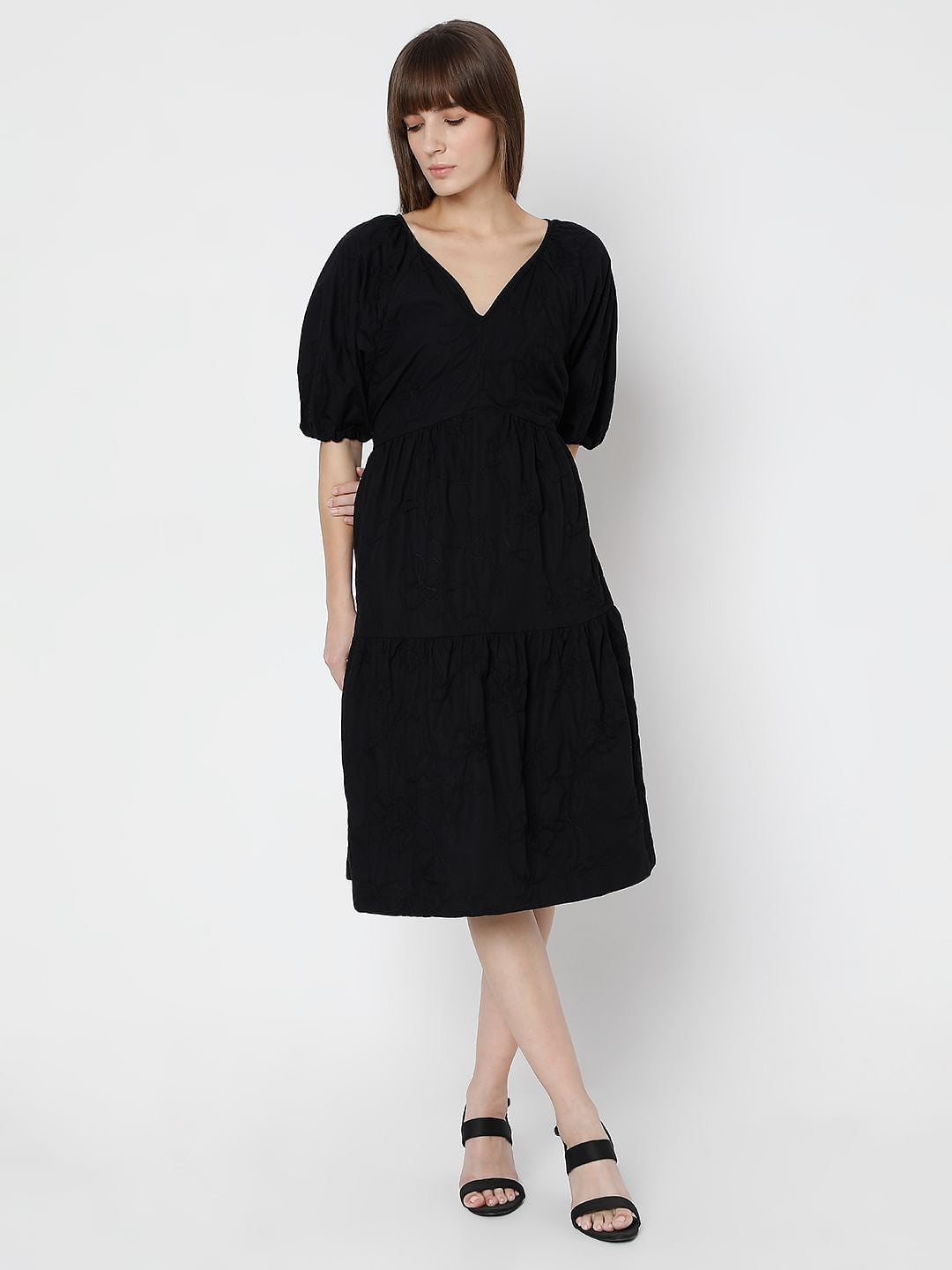 Black Tiered Cotton Fit & Flare Dress