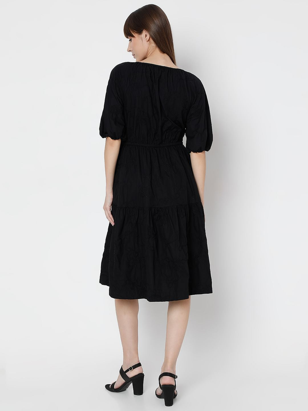 Black Tiered Cotton Fit & Flare Dress