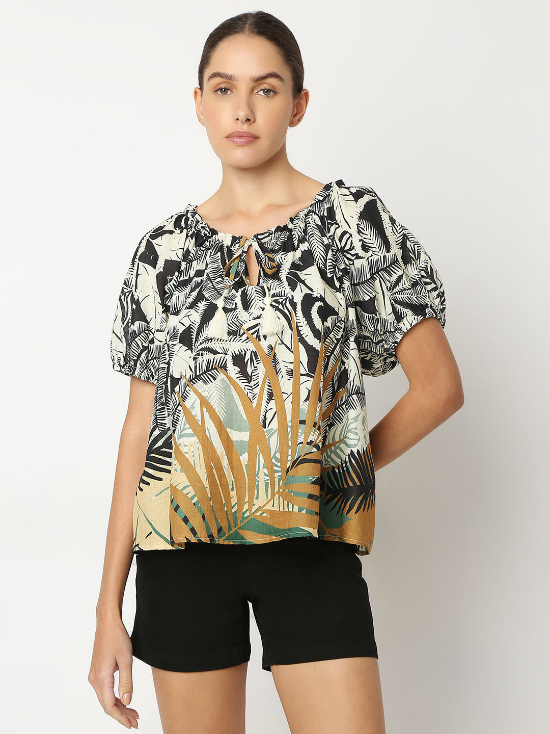 Beige Tropical Print Top