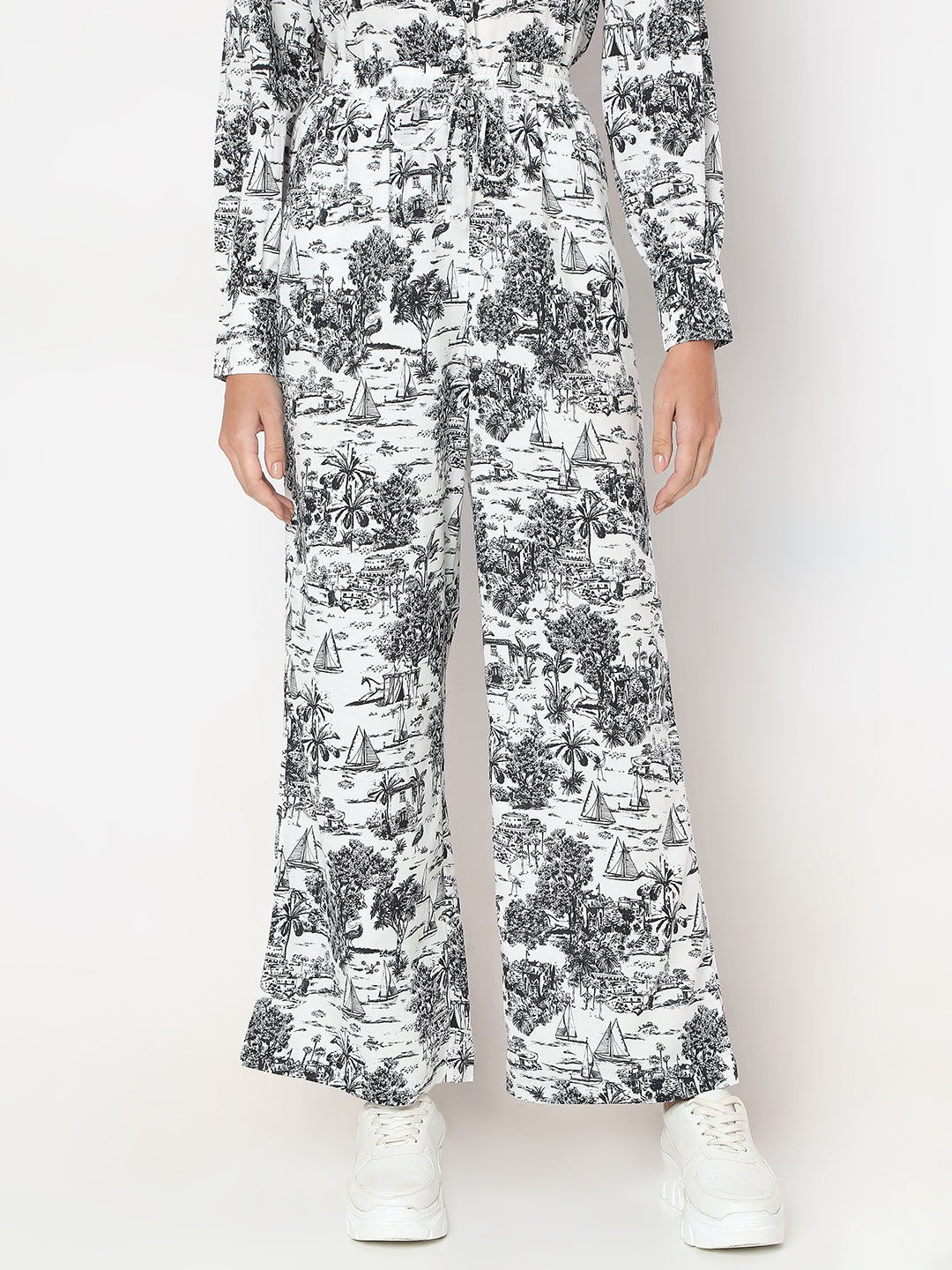 White Printed Wide Leg Pants