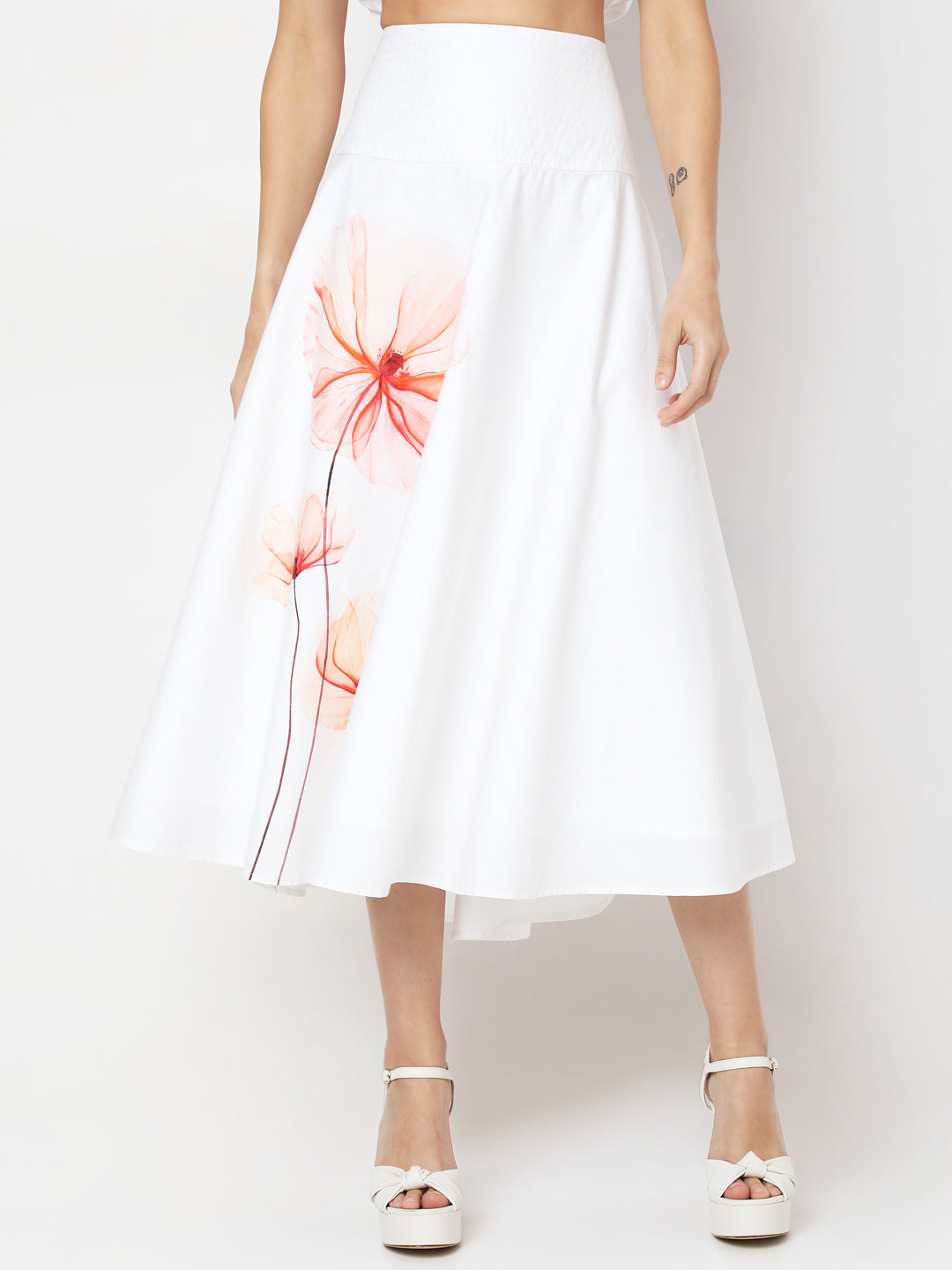 White Floral Print Flared Skirt