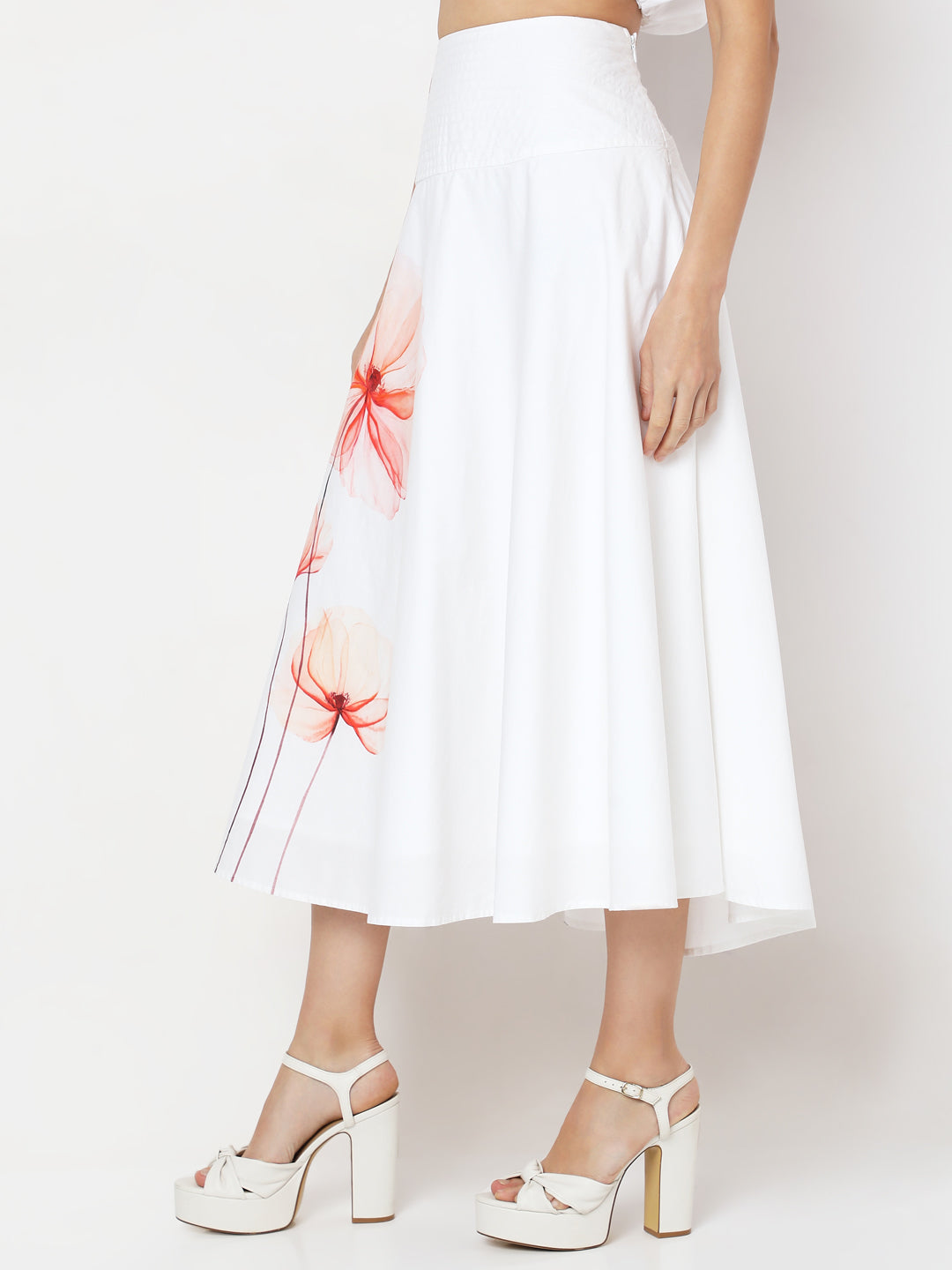 White Floral Print Flared Skirt