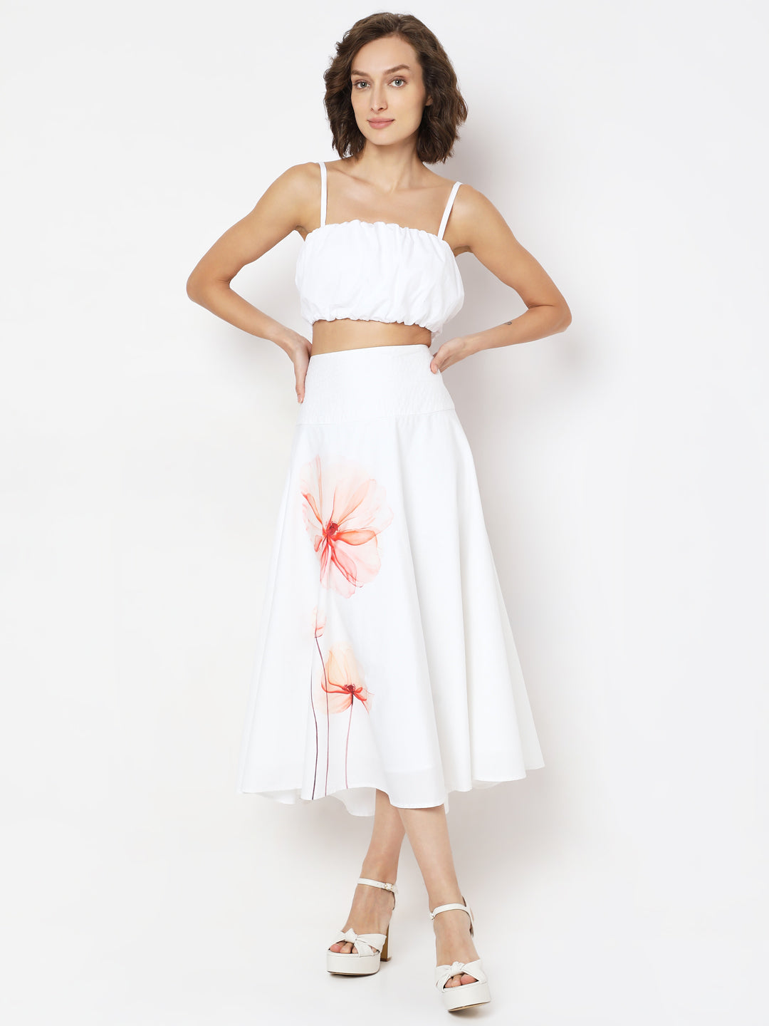 White Floral Print Flared Skirt