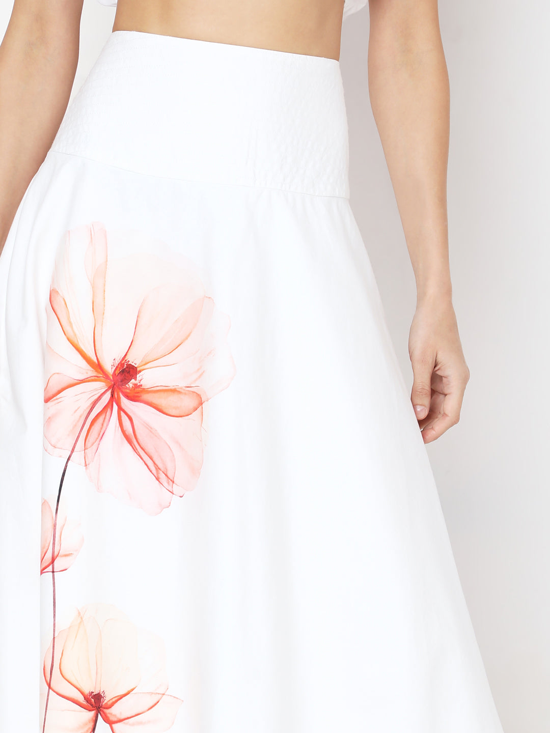 White Floral Print Flared Skirt