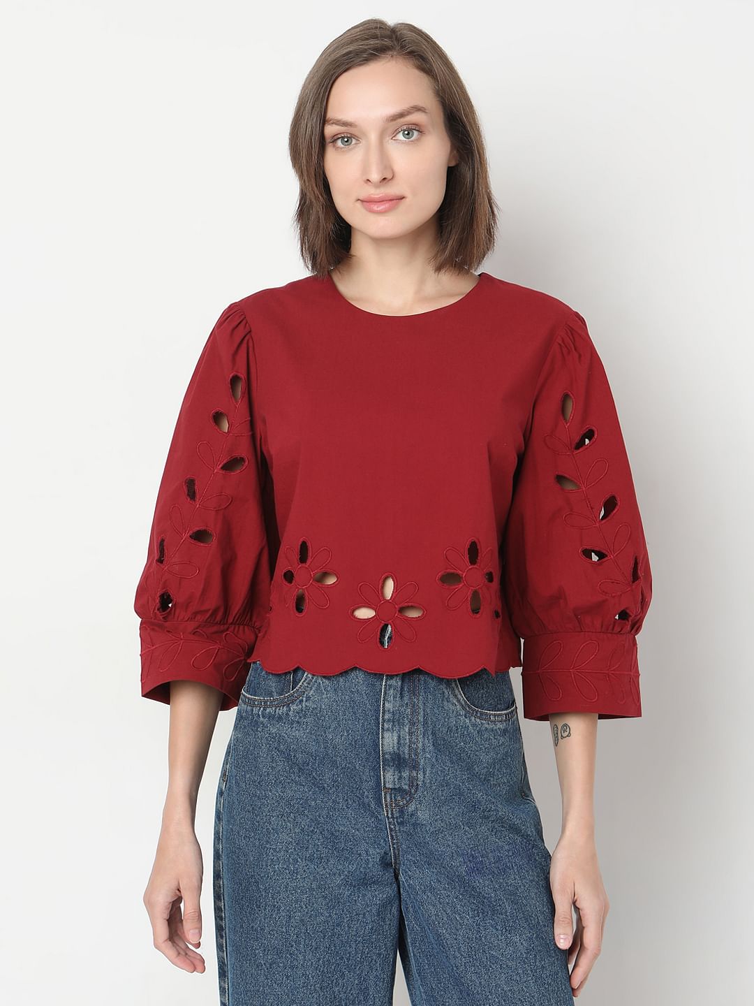 Dark Red Cut-Work Detail Top