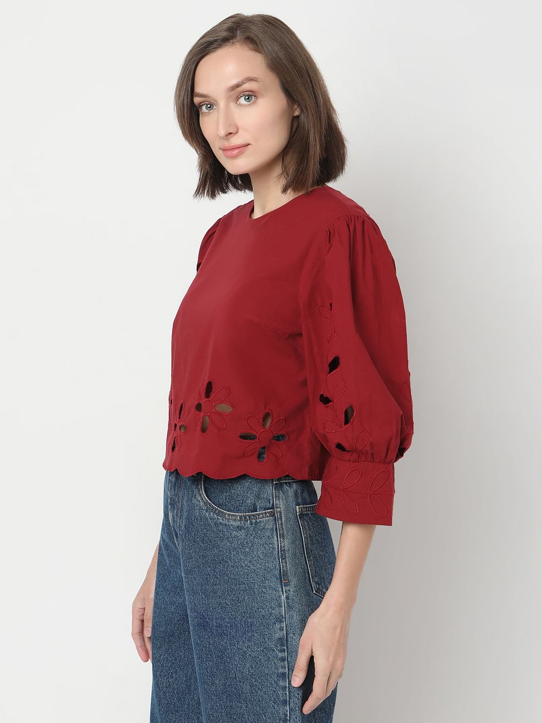 Dark Red Cut-Work Detail Top
