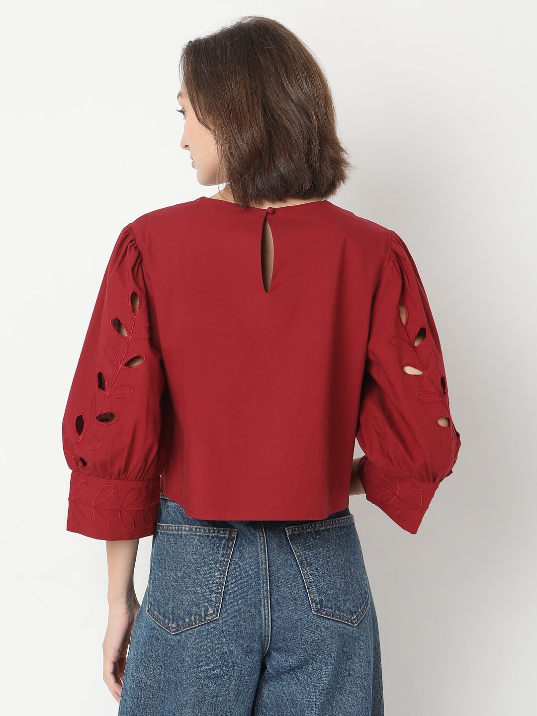 Dark Red Cut-Work Detail Top
