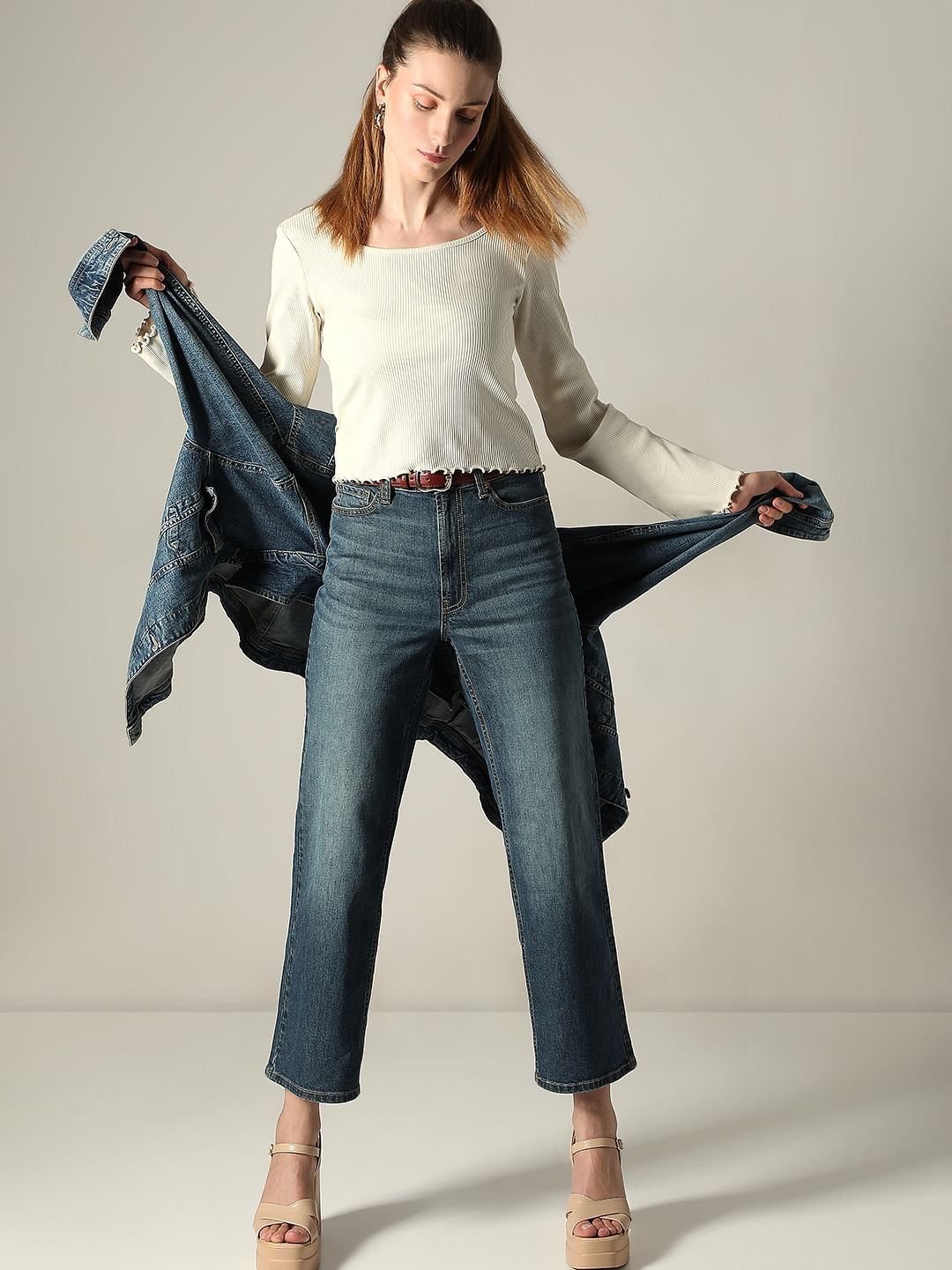 Blue High Rise Wide Leg Jeans