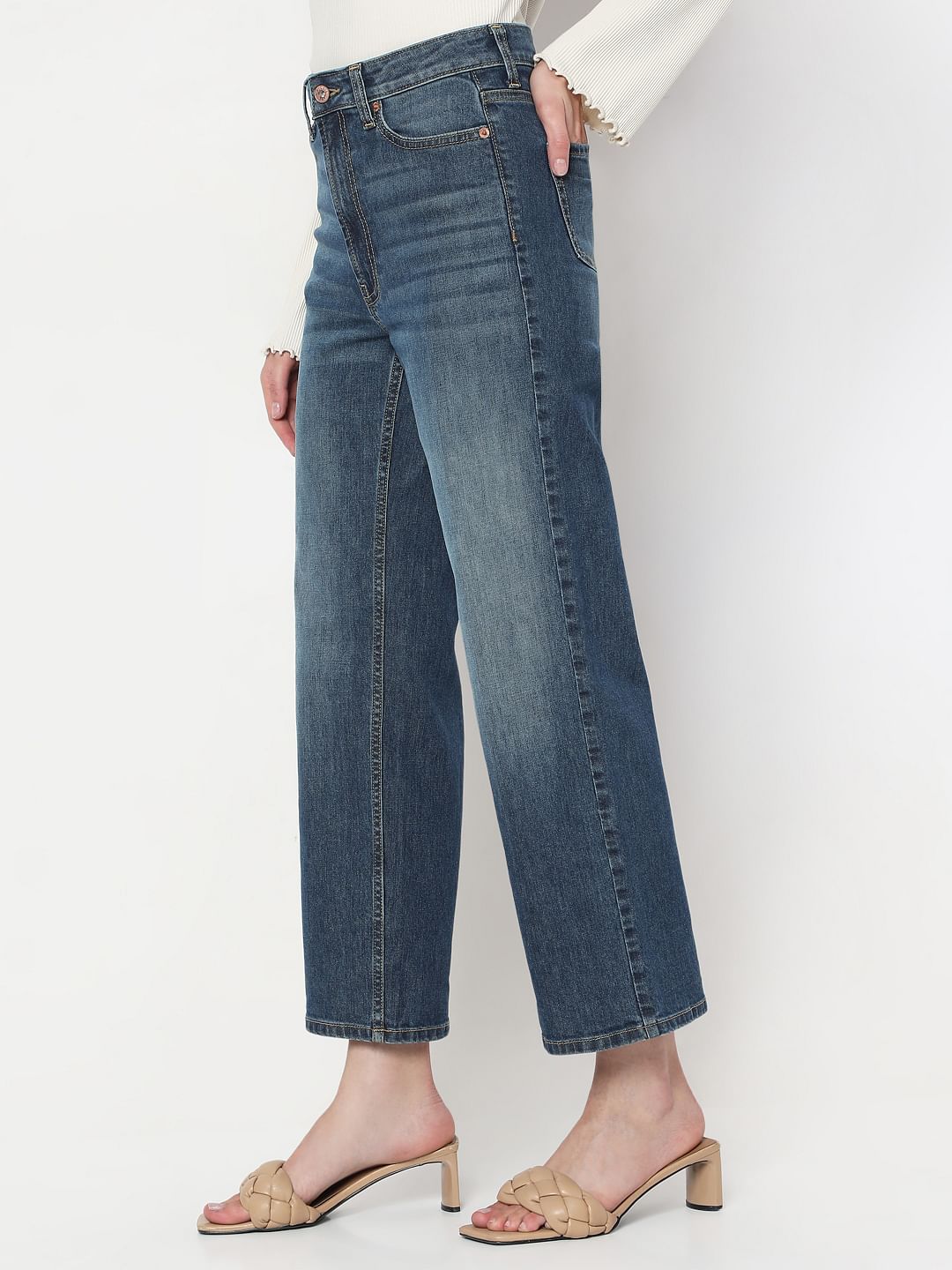 Blue High Rise Wide Leg Jeans