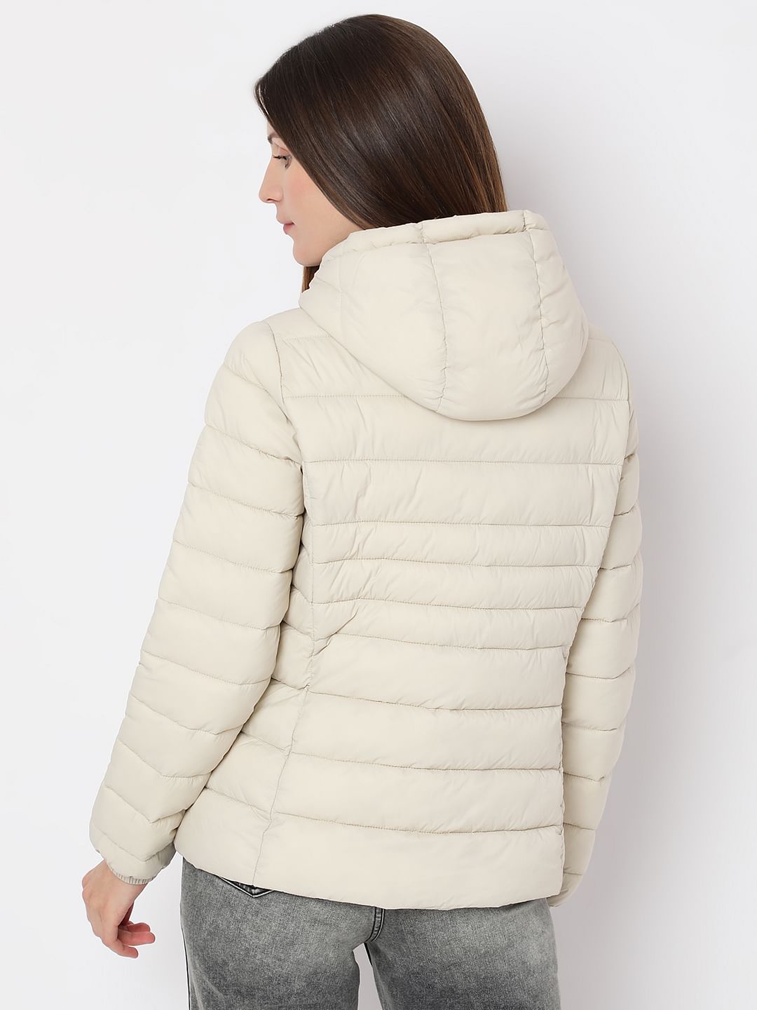 Beige Short Hooded Puffer Jacket