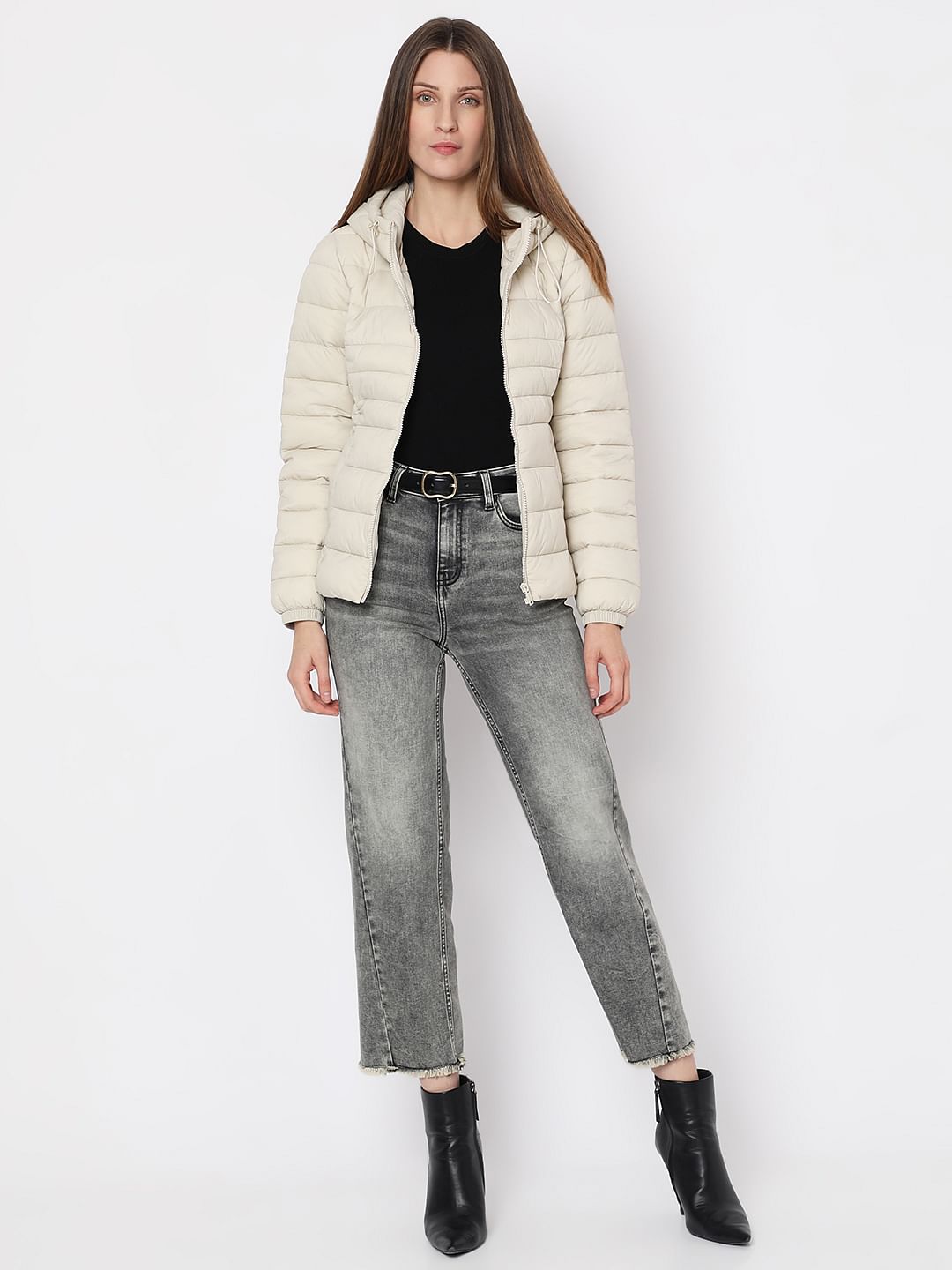 Beige Short Hooded Puffer Jacket