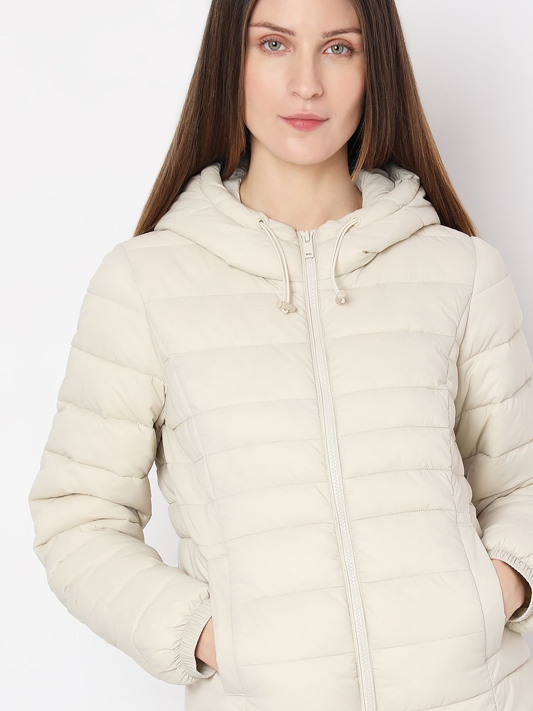 Beige Short Hooded Puffer Jacket