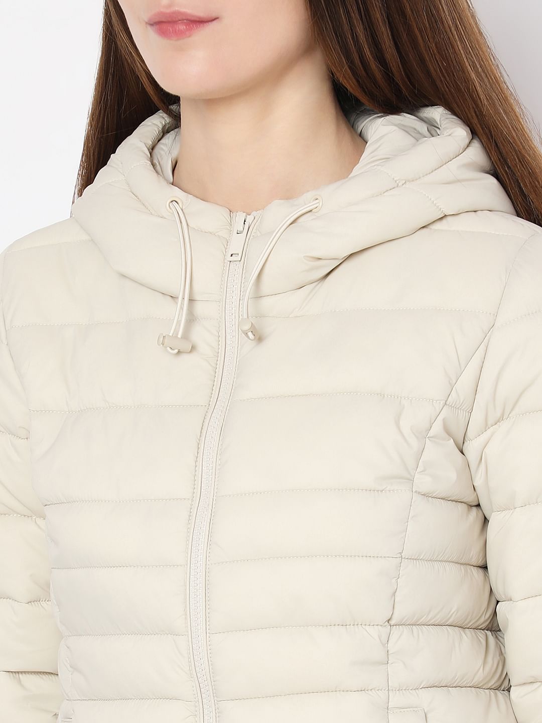 Beige Short Hooded Puffer Jacket