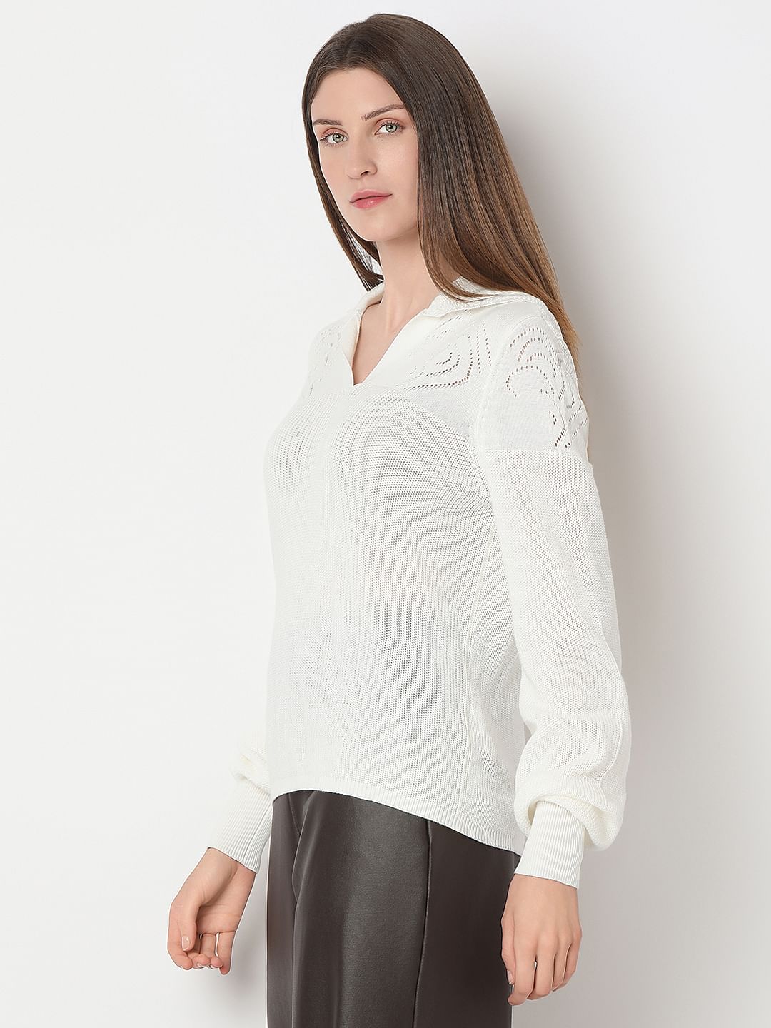 White Full Sleeves Knit Top