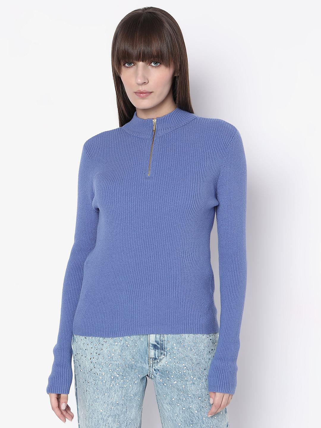 Blue Ribbed High Neck Knit Top