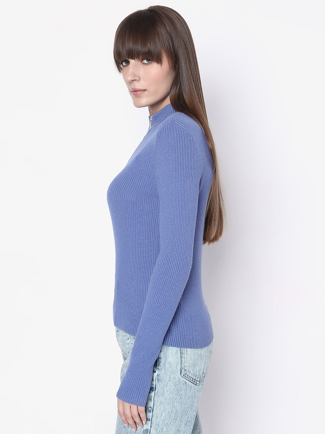 Blue Ribbed High Neck Knit Top