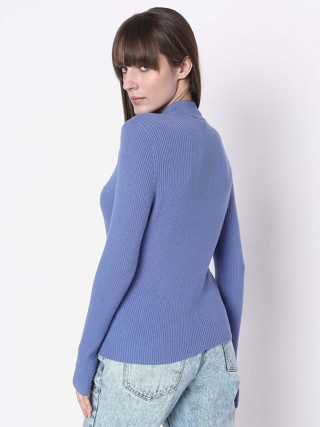 Blue Ribbed High Neck Knit Top