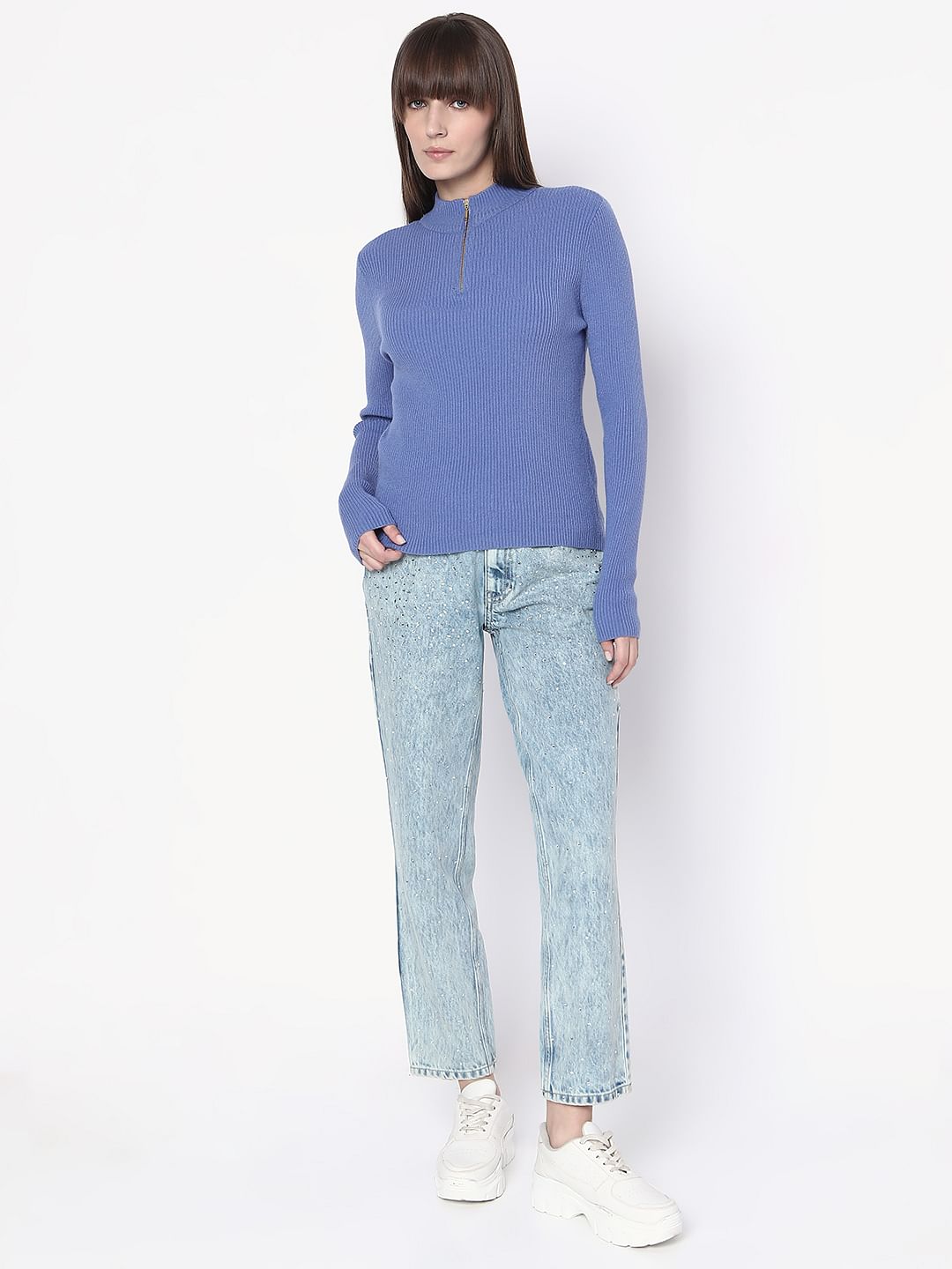 Blue Ribbed High Neck Knit Top