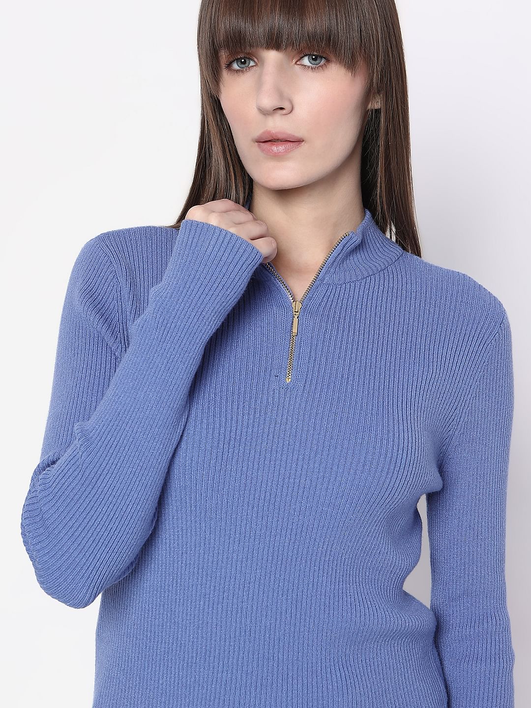Blue Ribbed High Neck Knit Top