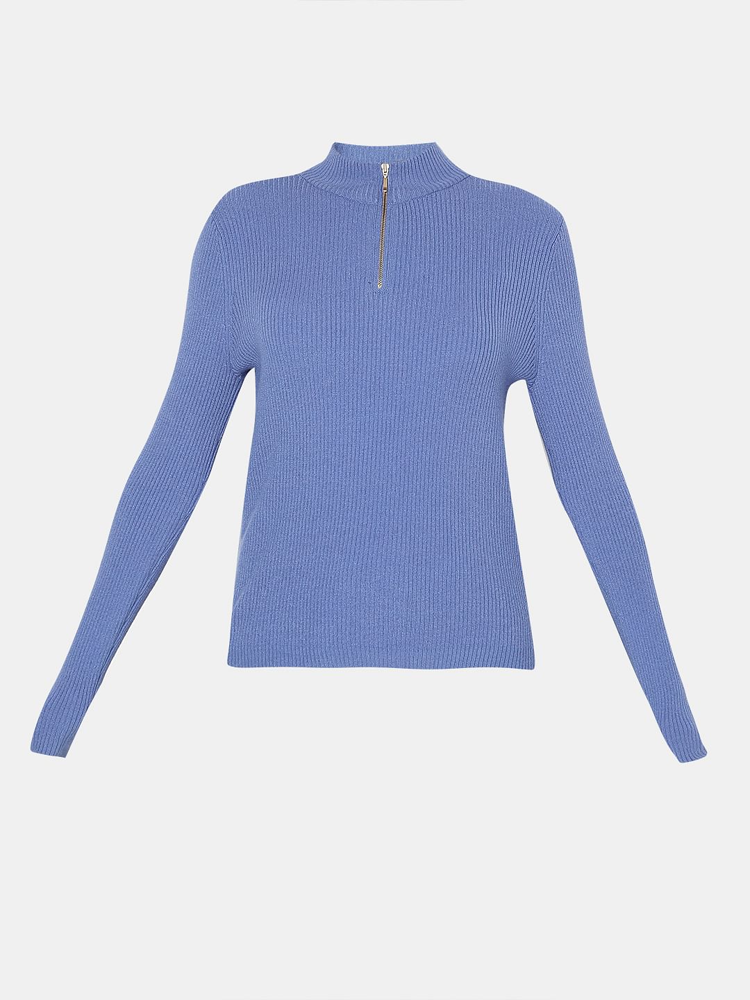Blue Ribbed High Neck Knit Top