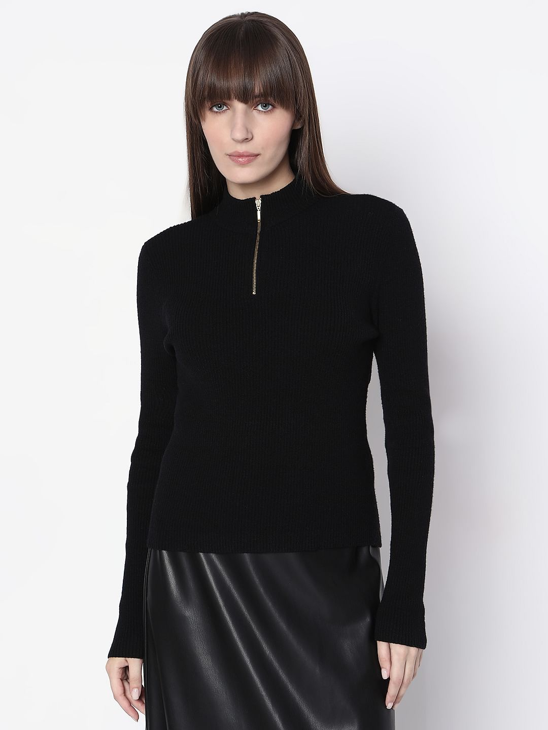 Black Ribbed High Neck Knit Top