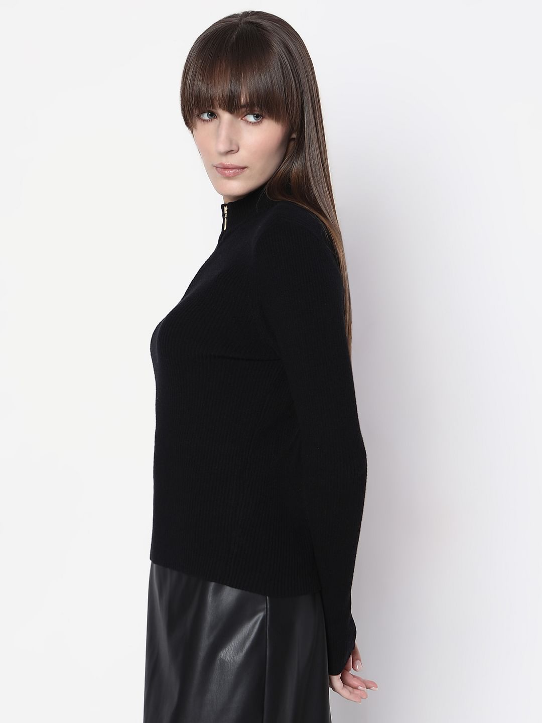 Black Ribbed High Neck Knit Top