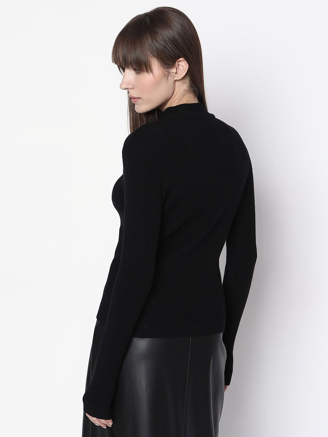 Black Ribbed High Neck Knit Top