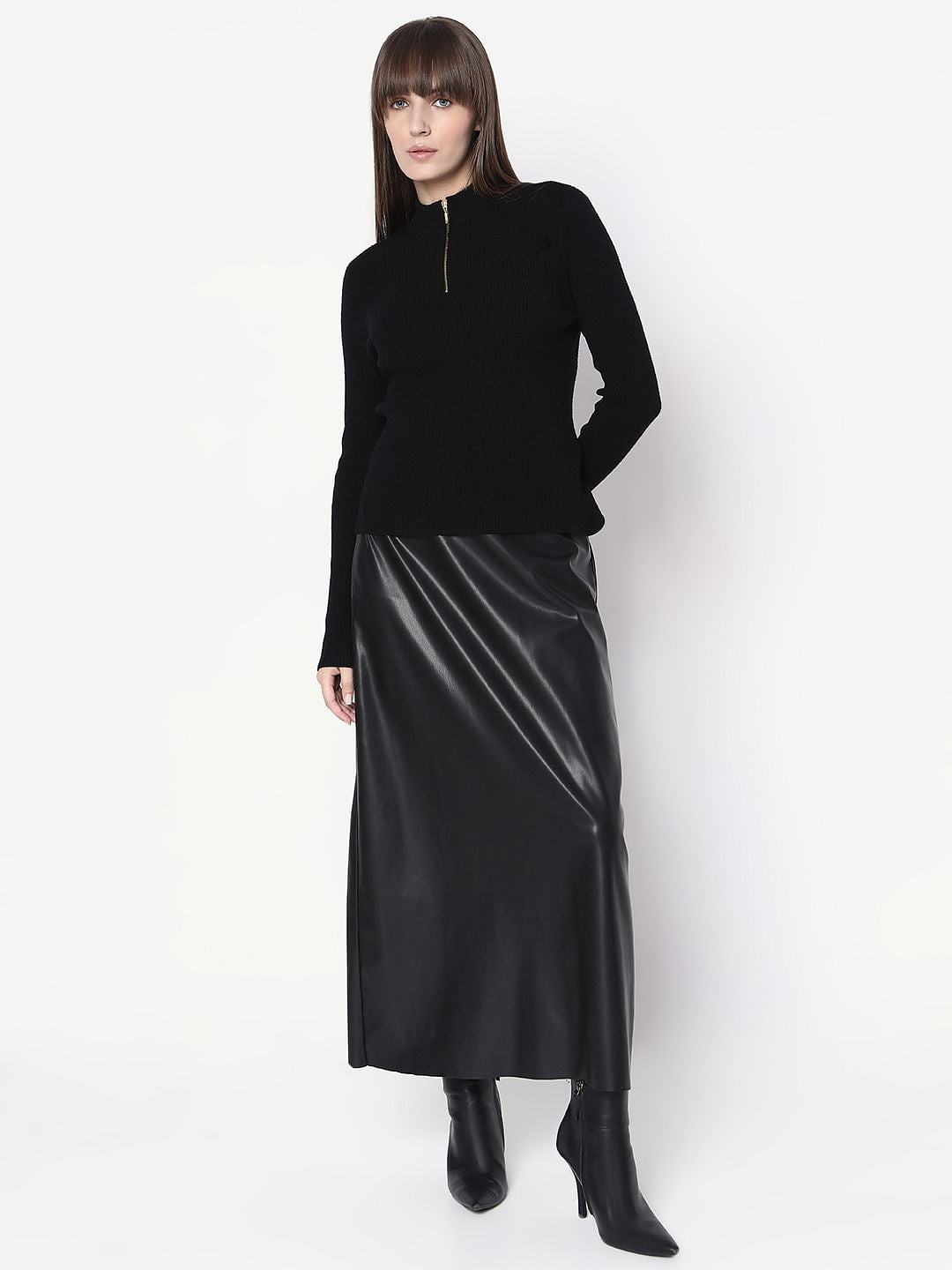 Black Ribbed High Neck Knit Top