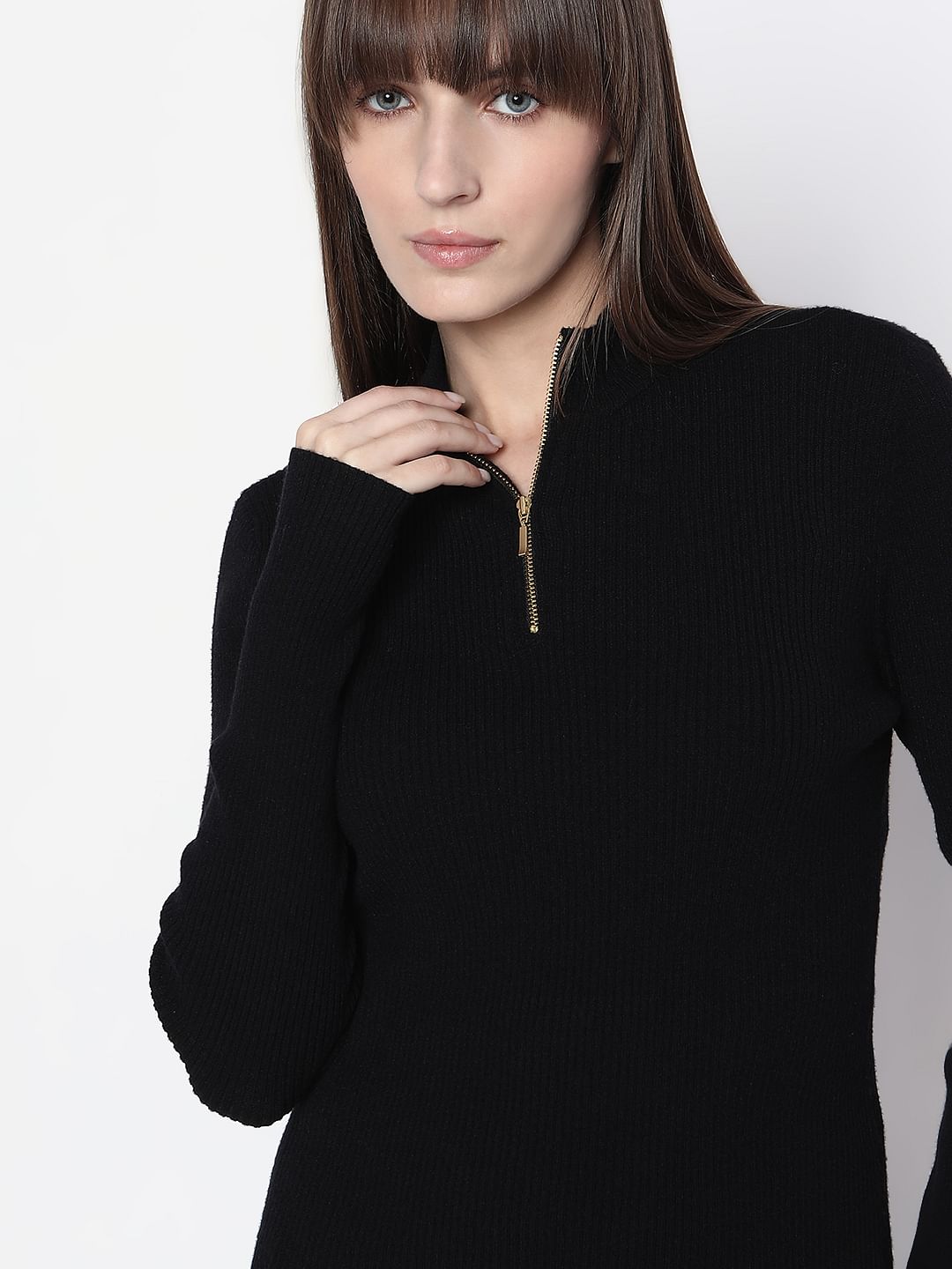 Black Ribbed High Neck Knit Top