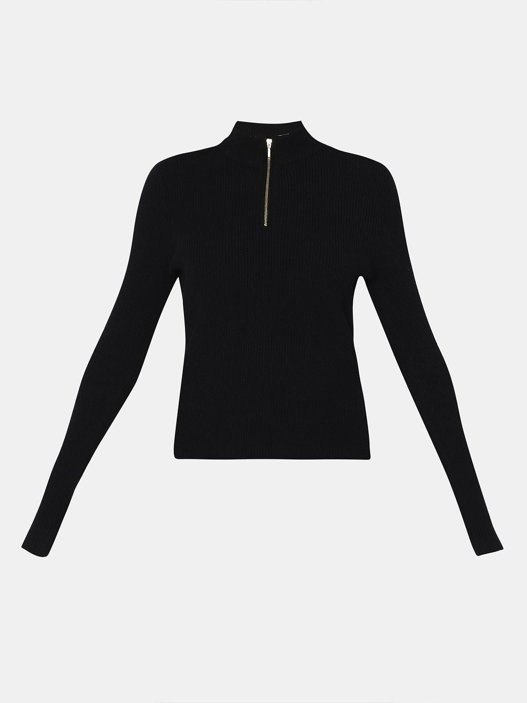 Black Ribbed High Neck Knit Top