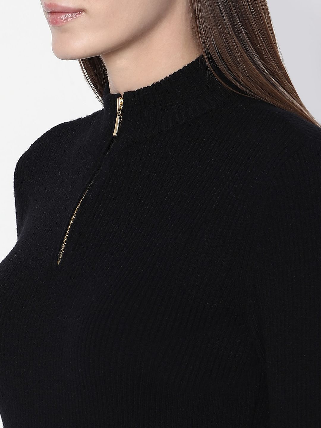 Black Ribbed High Neck Knit Top