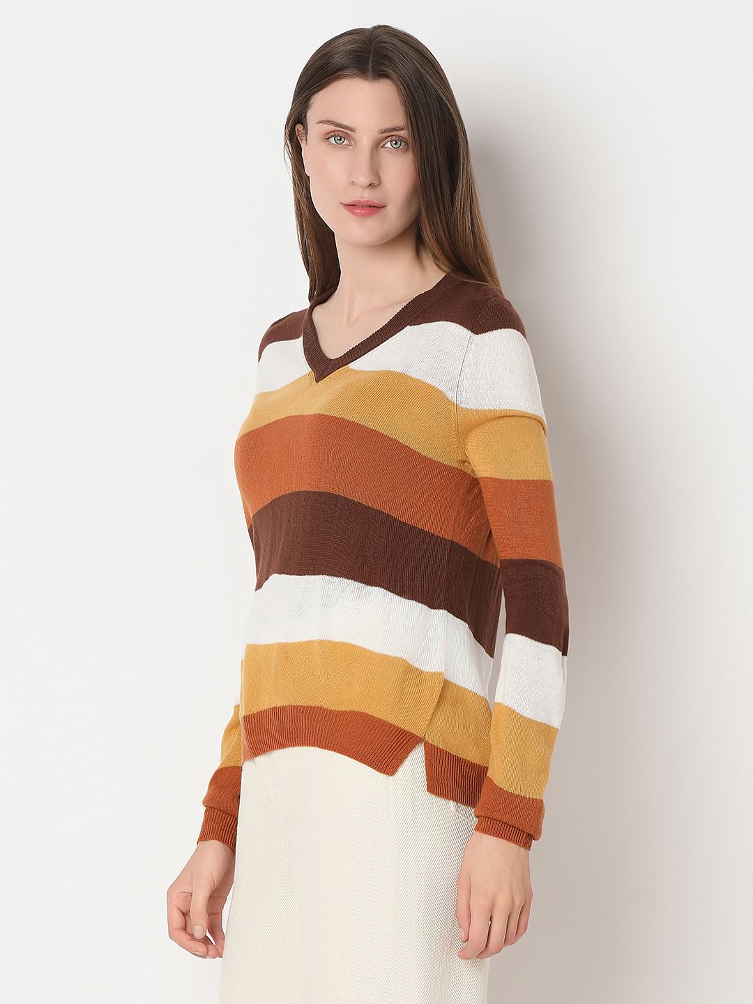 Brown Colourblocked Knit Top