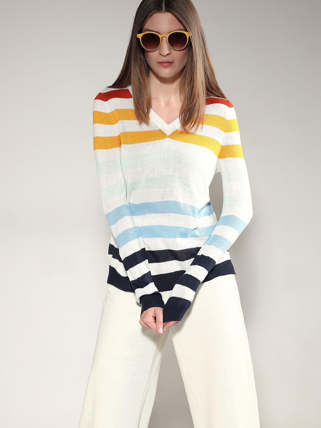 White Colourblocked Knit Top