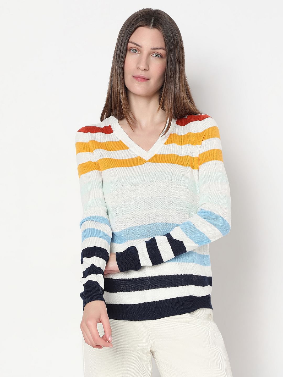 White Colourblocked Knit Top