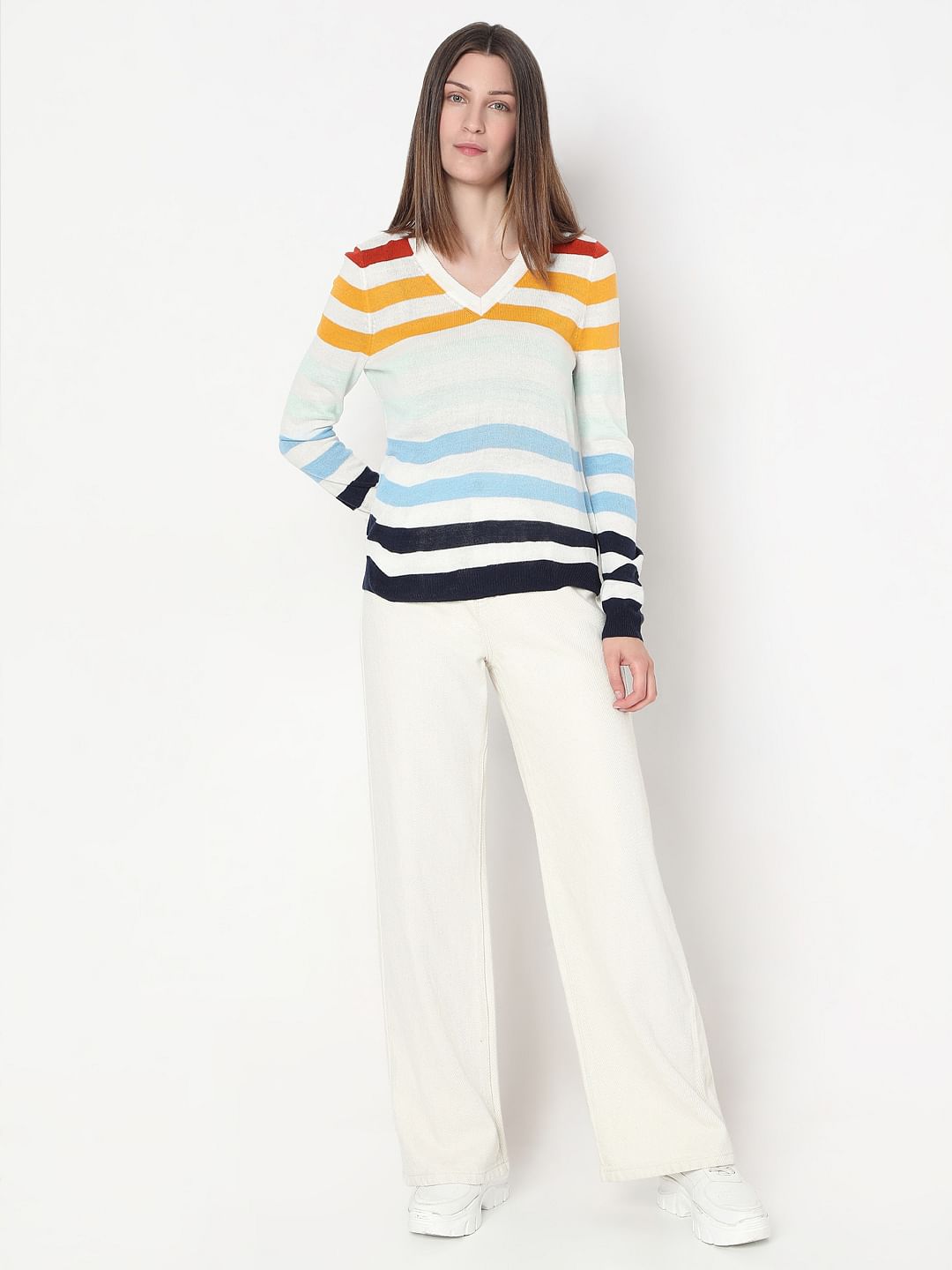 White Colourblocked Knit Top