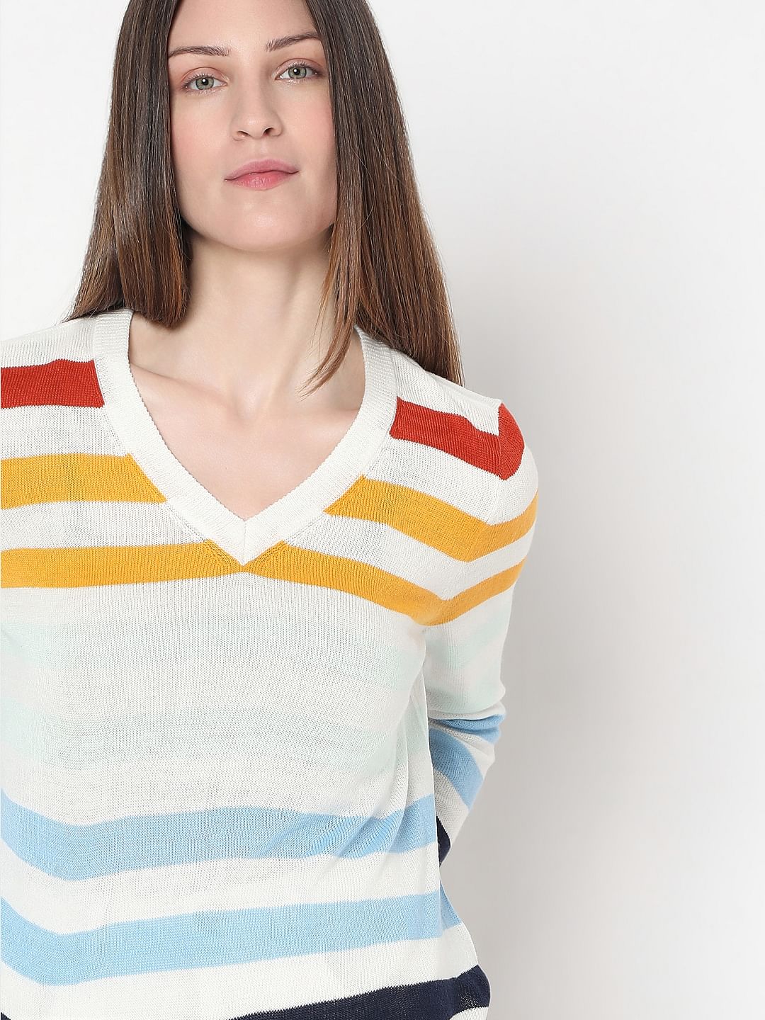 White Colourblocked Knit Top