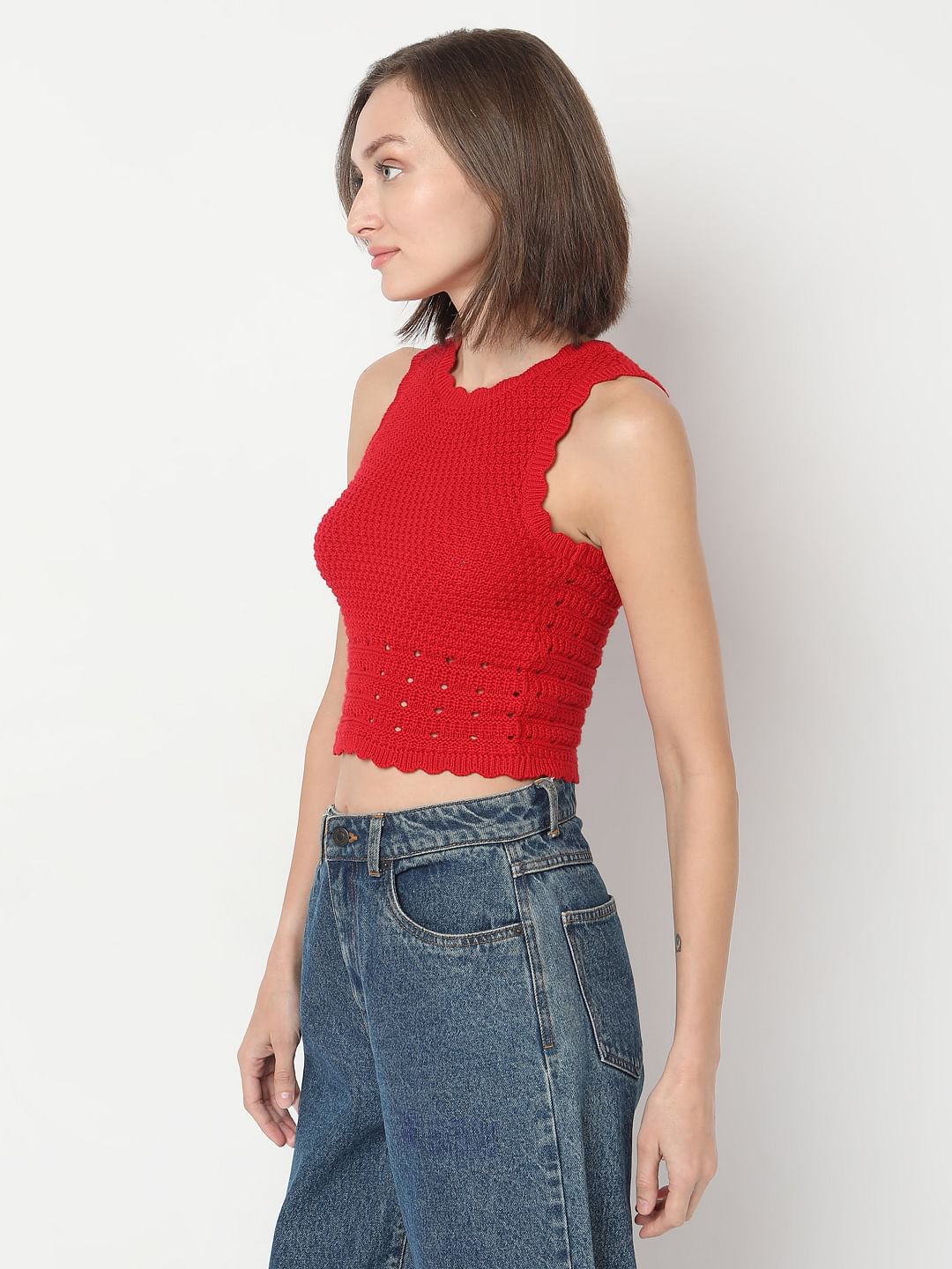 Red Flat Knit Crop Top