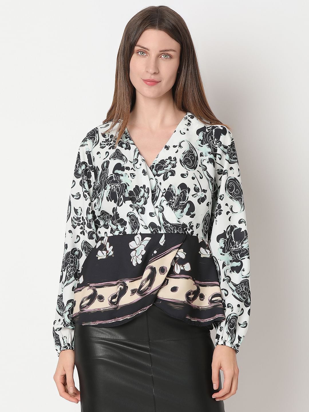 White Mixed Print Wrap Top