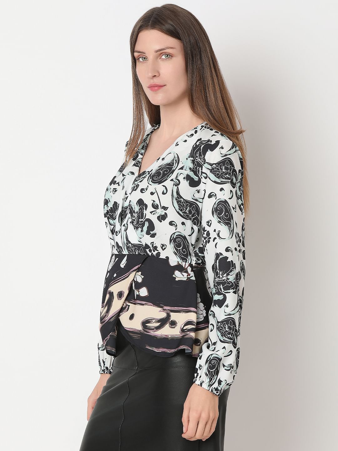 White Mixed Print Wrap Top