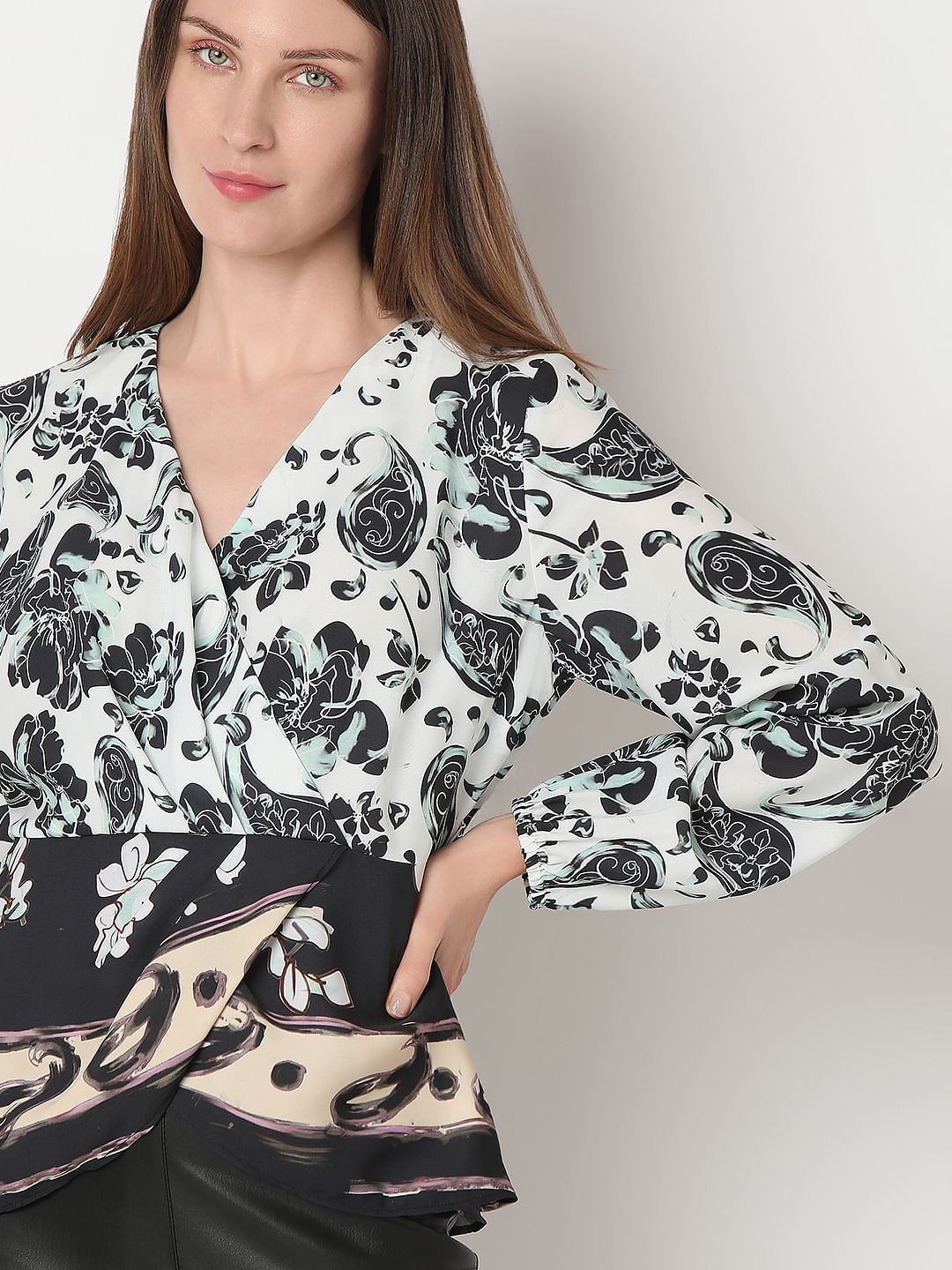 White Mixed Print Wrap Top