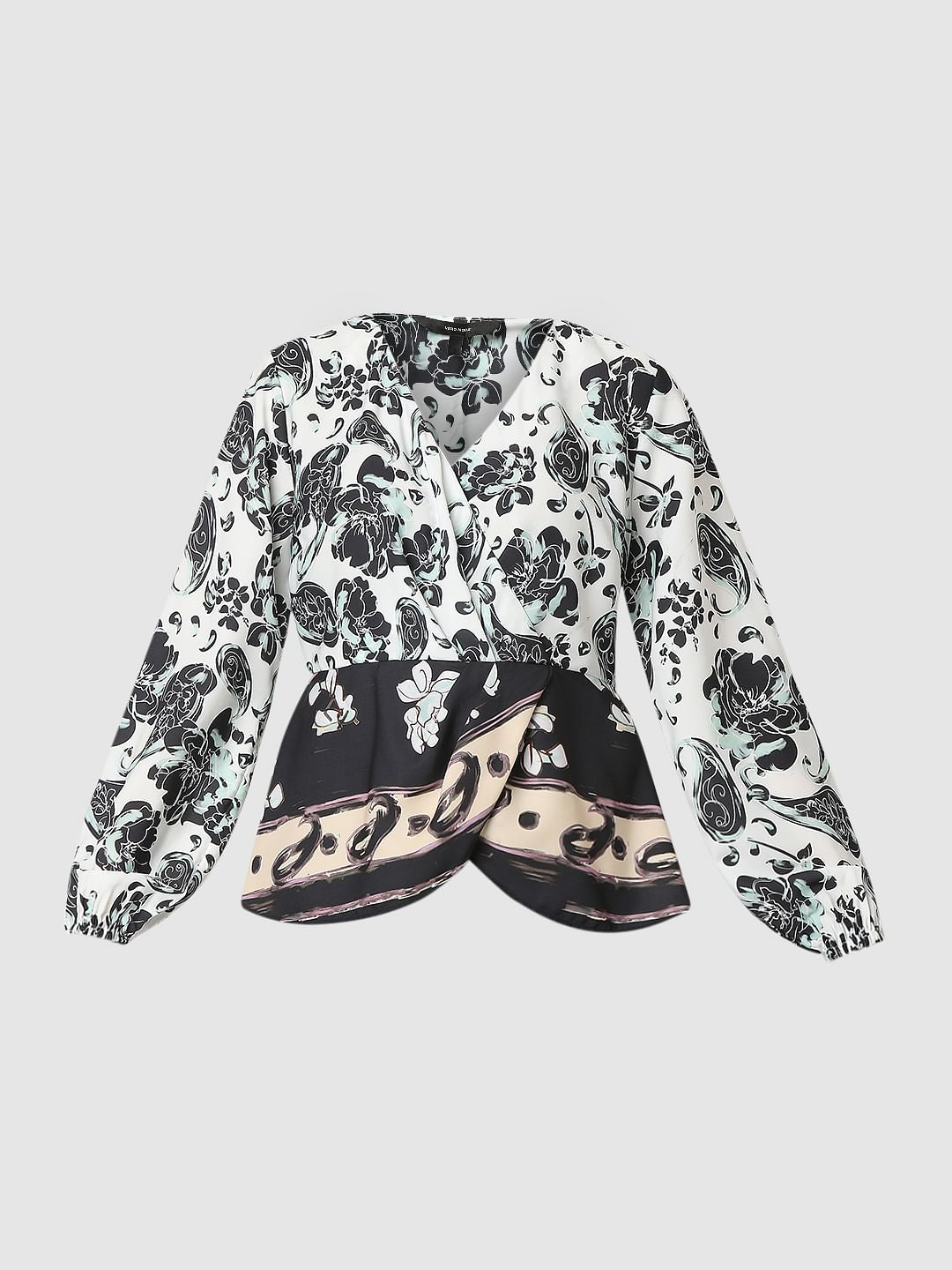 White Mixed Print Wrap Top