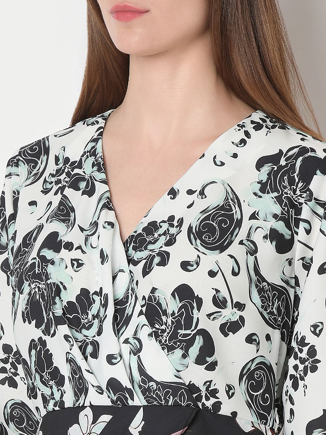 White Mixed Print Wrap Top