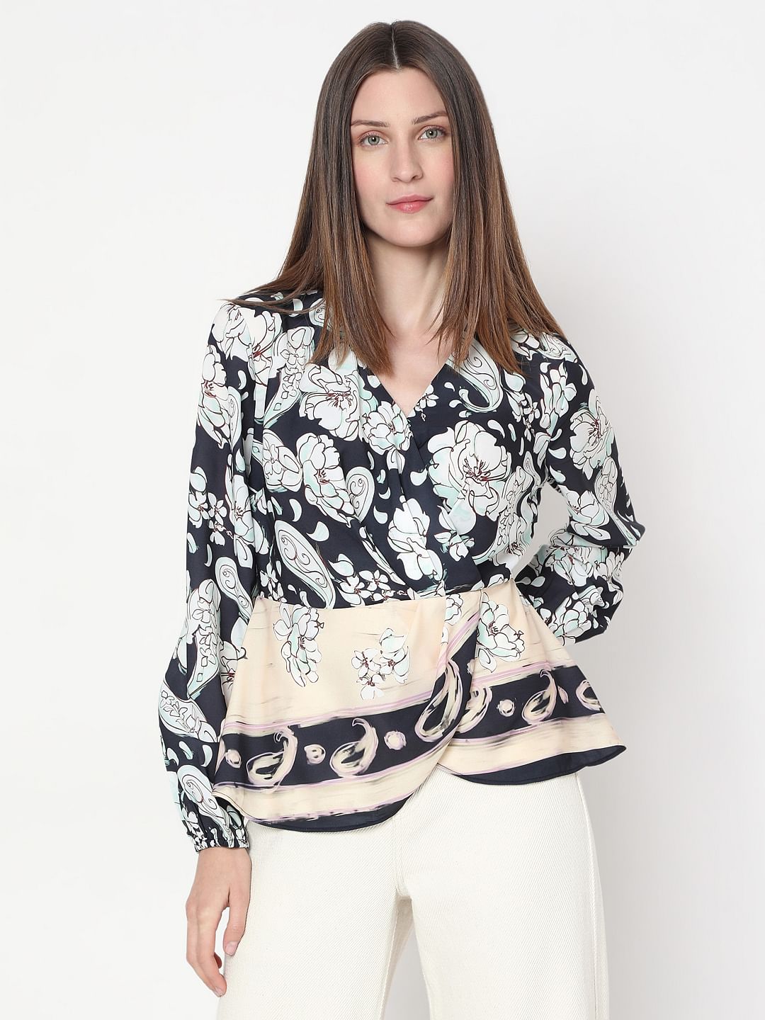 Black Mixed Print Wrap Top