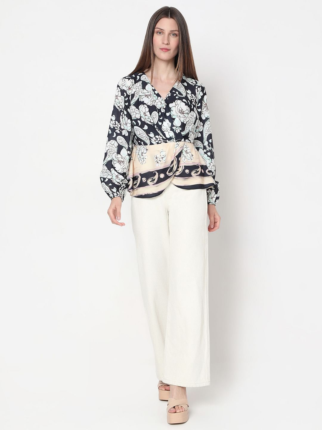 Black Mixed Print Wrap Top