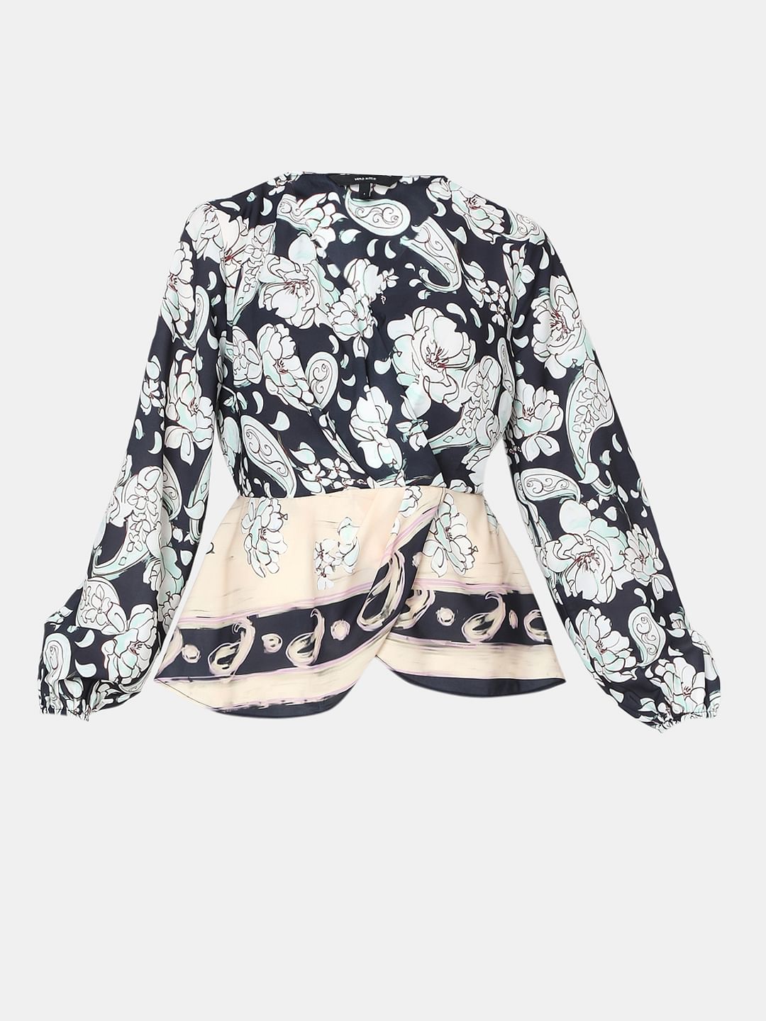 Black Mixed Print Wrap Top