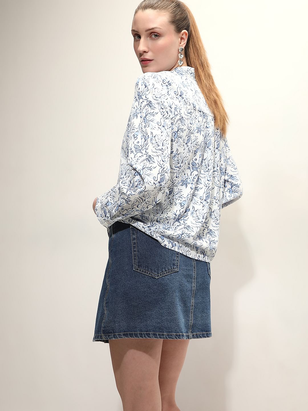 White Printed Full Sleeves Top