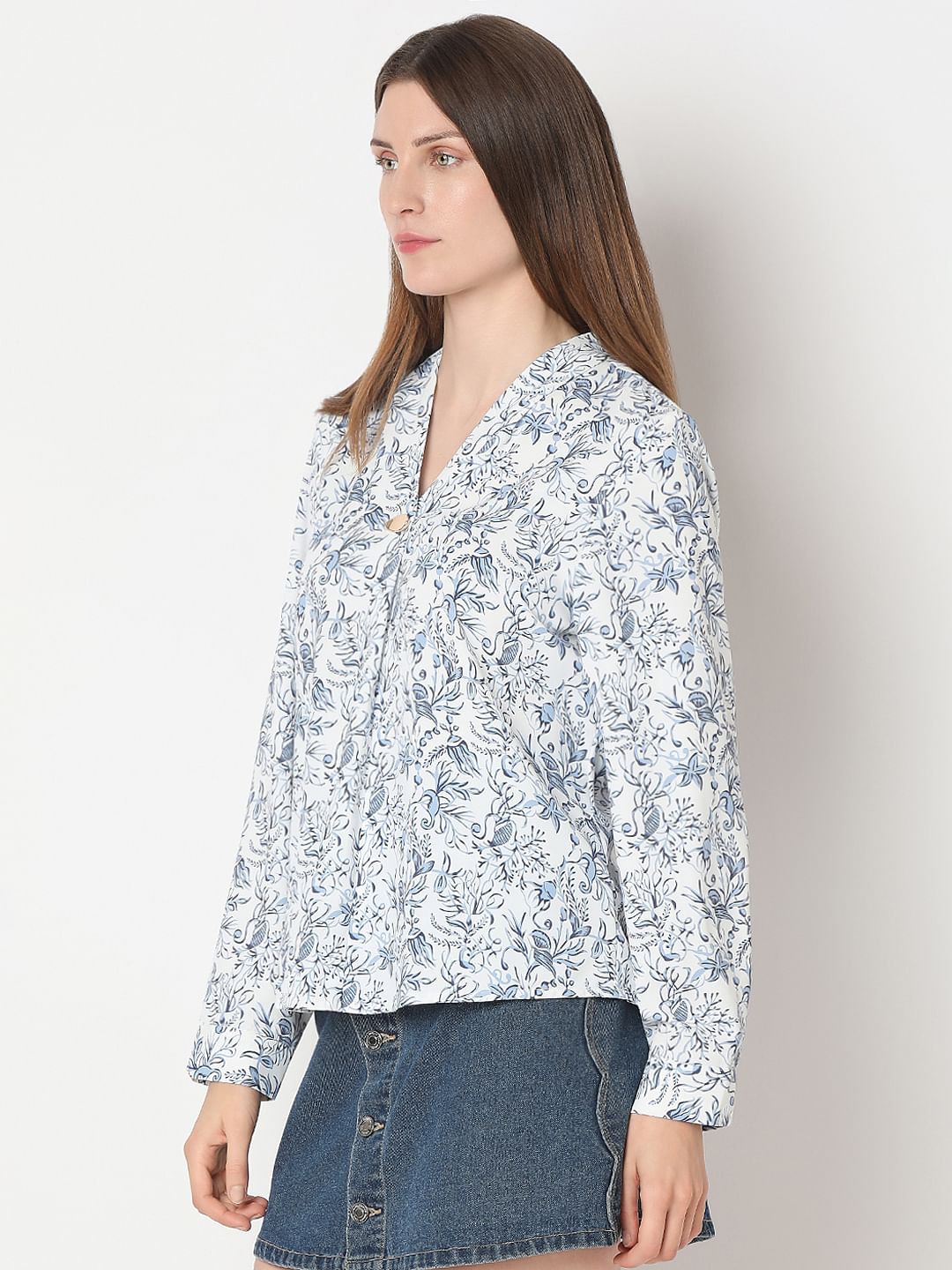 White Printed Full Sleeves Top